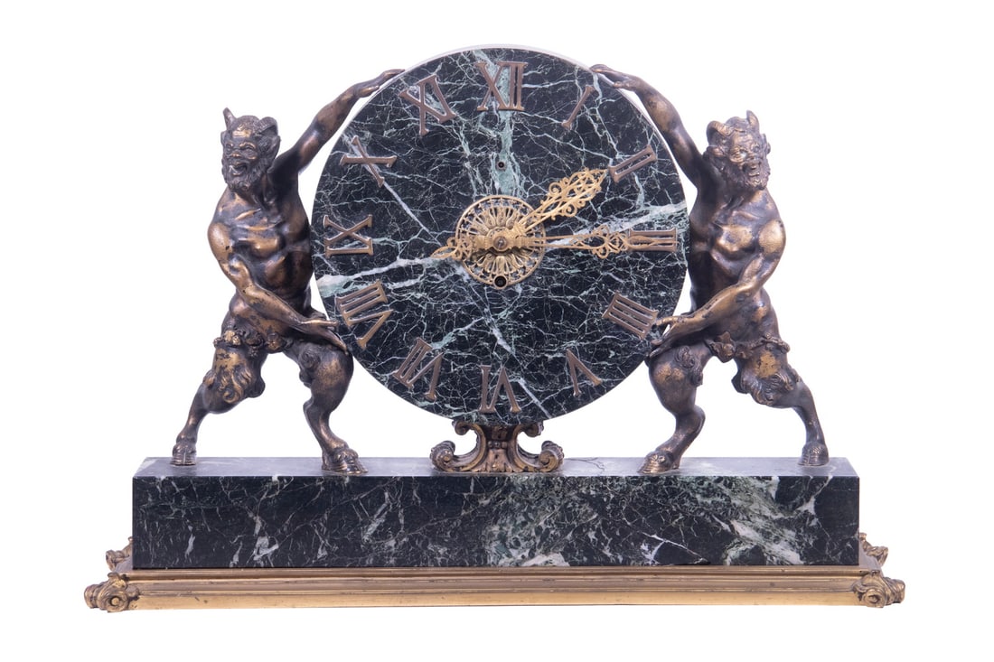 E.F. CALDWELL & CO. NEOCLASSICAL MANTEL CLOCK: Early 20th c. Gilded Bronze Mounted Black Marble Clock, the back panel signed "E.F. Caldwell & Co., Inc., New York" and incised "K2848", time and strike movement (with key), centered by a round dial w