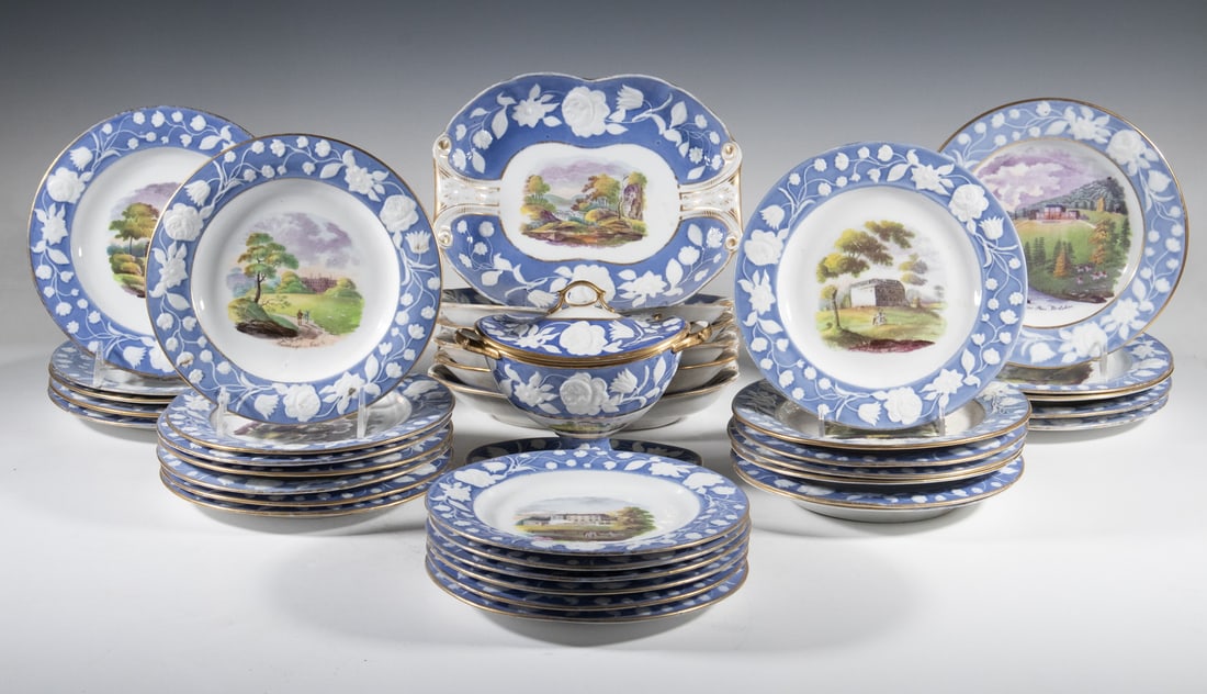 (37PC) NEW HALL PORCELAIN LANDSCAPE SERVICE, C. 1820–1840 (1 of 8)