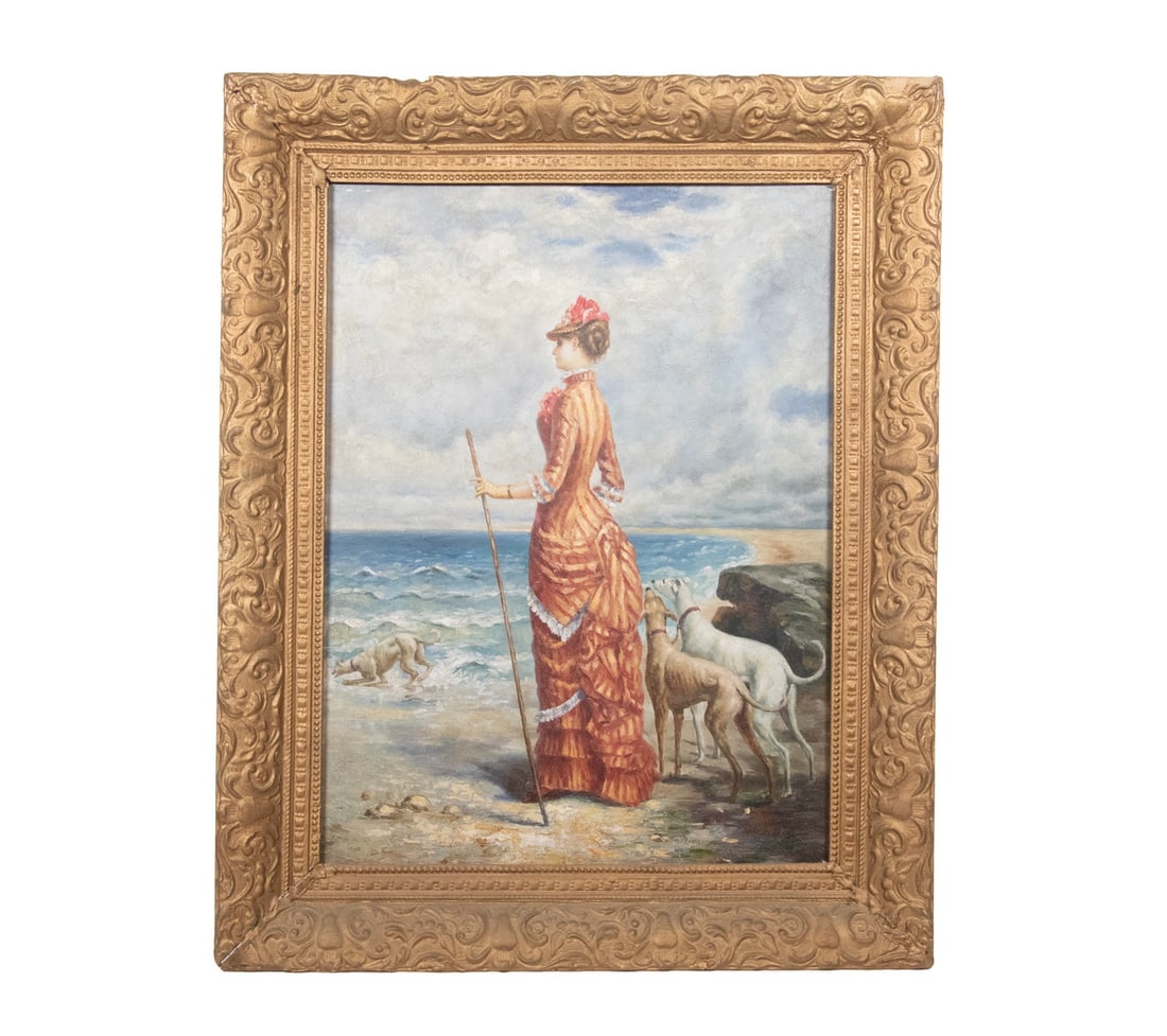 19TH C. TRIBUTE PAINTING FRENCH WOMAN ON BEACH WITH DOGS (1 of 3)