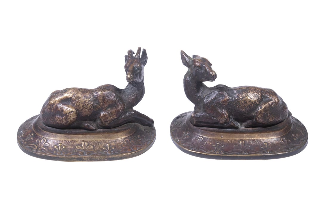 PAIR OF EARLY 19TH C. SMALL BRONZE DEER MANTEL SCULPTURES (1 of 2)