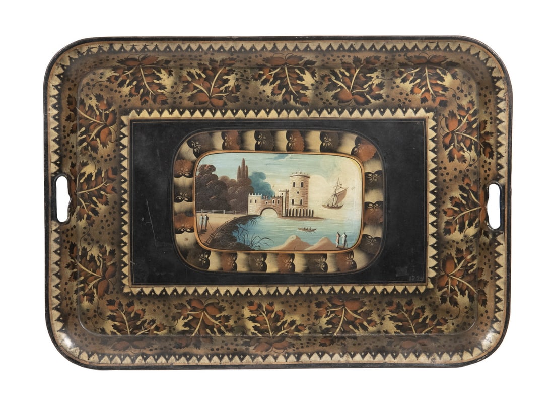 LARGE TOLEWARE TRAY WITH HAND-PAINTED LANDSCAPE SCENE (1 of 8)