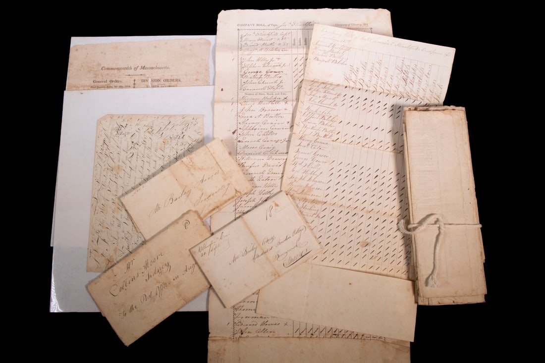 WAR OF 1812 MILITIA RECORDS, STINCHFIELD OF FARMINGTON, MAINE & CIVIL WAR LETTERS OF ASA JENNINGS: Large collection of correspondence, from the War of 1812 and after, of Capt. Jeremiah Stinchfield & letters from Asa Jennings, who was 42 years old when he enlisted (!) as a Private in the Maine 17th