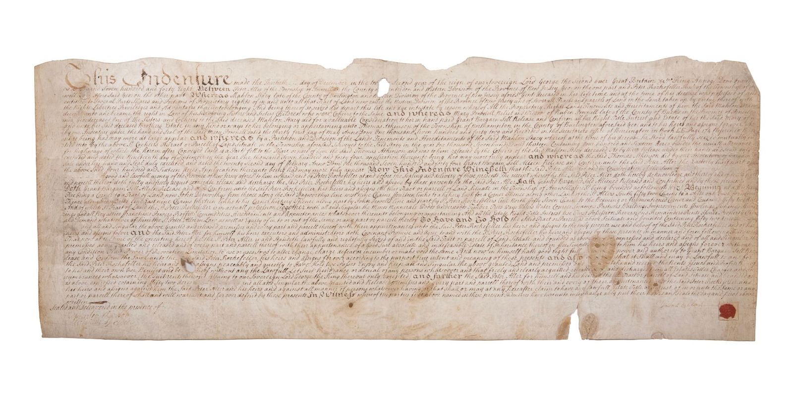 GEORGE II 1748 DEED TO PETER ROCKEFELLER FOR LAND IN HUNTERDON COUNTY, NJ, IN THE BEGINNING.: The Rockefeller family is descended from Johann Peter Rockenfeller (1682–1763), grandson of Goddart. He immigrated to New Jersey from the German Palatinate. This is the deed to the land of