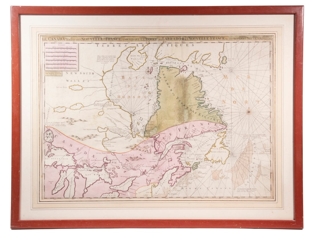 LARGE LATE 17TH C. DUTCH CHART OF CANADA, GREAT LAKES, NEW FRANCE, LABRADOR, HUDSON BAY, BY PIERRE: Scarce first state "Le Canada ou partie de la Nouvelle France, Contenant la Terre de Labrador, la Nouvelle France, les Isles de Terre Neuve de Nostradame &c. A. Amsterdam, Chez Pierre Mortier, avec