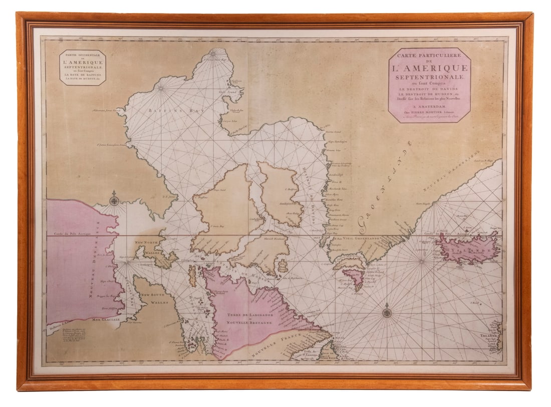 LARGE EARLY 18TH C. DUTCH CHART OF UPPER NORTH AMERICA, PIERRE MORTIER (1661-1711), FRAMED: Carte Particuliere de L Amerique septentrionale, ou font Compris le Destroit de Davids le des Troit de Hudson, &c. dreffe fur les Relations les plus Nouvelles. A Amsterdam. Chez Pierre Mortier,