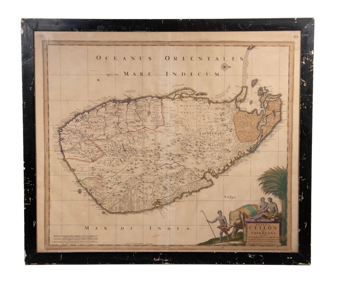SCARCE EARLY MAP OF CEYLON (SRI LANKA): Insula Ceilon olim Taprobana insolais Tenarisin et Lankawn, first published by Nicolaus Visscher in 1685, this edition was published by Peter Schenk the Younger. Hand colored copper engraving. In a