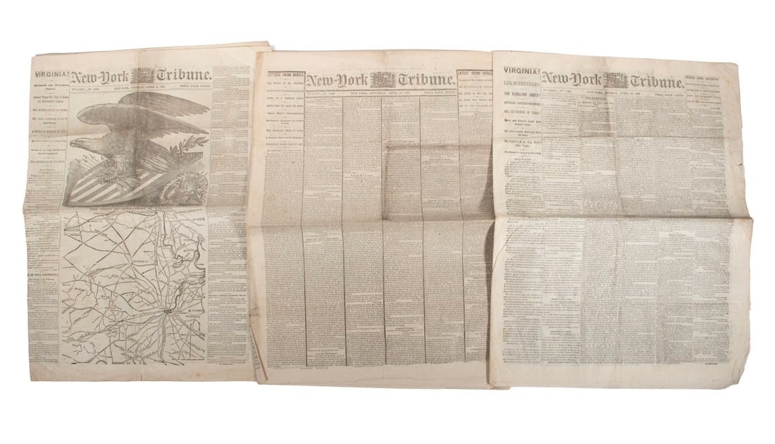 (3) ORIGINAL COMPLETE NY TRIBUNE CIVIL WAR NEWSPAPERS APRIL 4-15, 1865: Epoch-making events are covered in these multi-fold sheets, largely detailing The Fall of Richmond, Lee's Surrender and the Assassination of Lincoln in the three issues. Victorious US Eagle over map