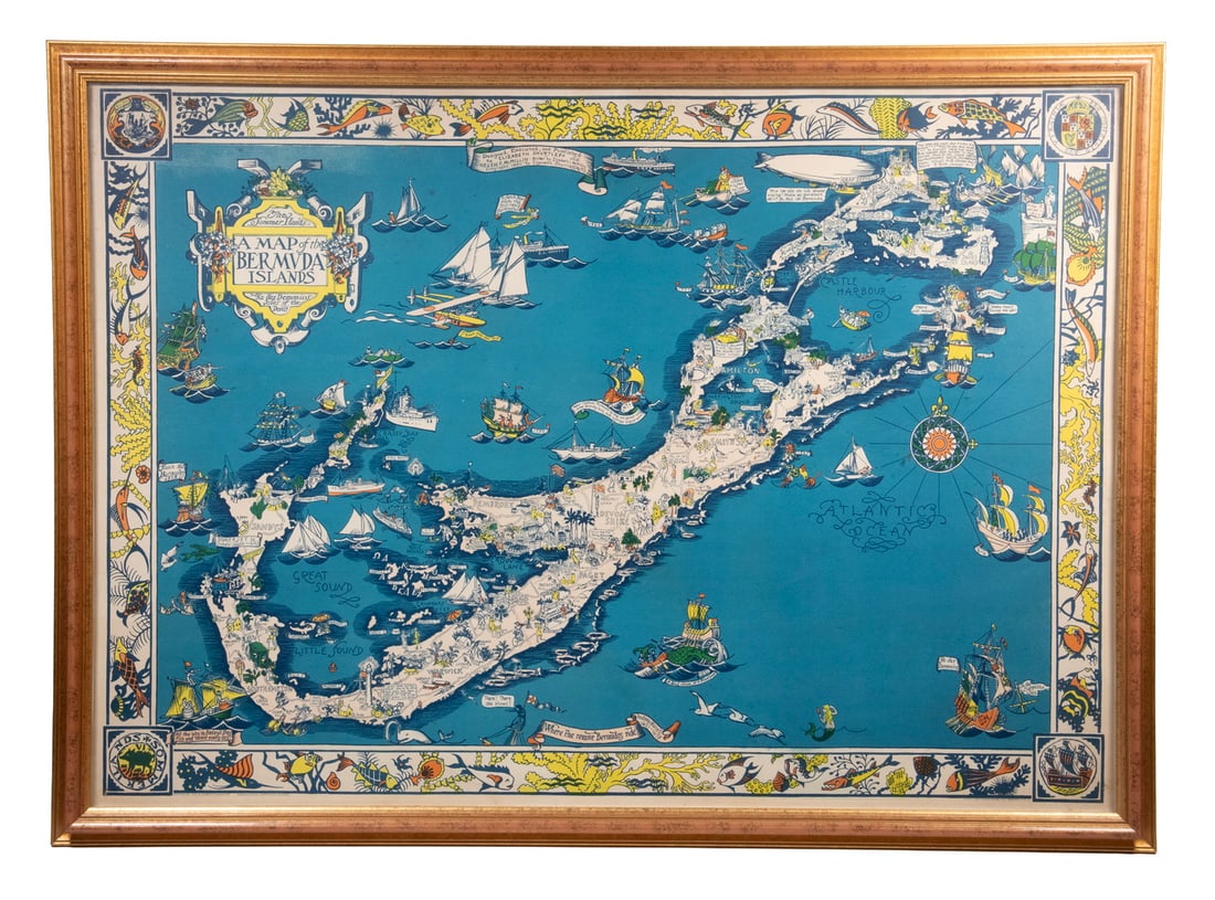 1930 PICTORIAL MAP OF THE BERMUDA ISLANDS: Historical and Humorous Map of Bermuda, by Elizabeth Shurtleff and Helen and Elizabeth McMillin, Tudor Press, Boston, 1930. In a gilt molded frame, matted under glass. OS: 28 x 38 in. (71.1 x 96.5 cm.