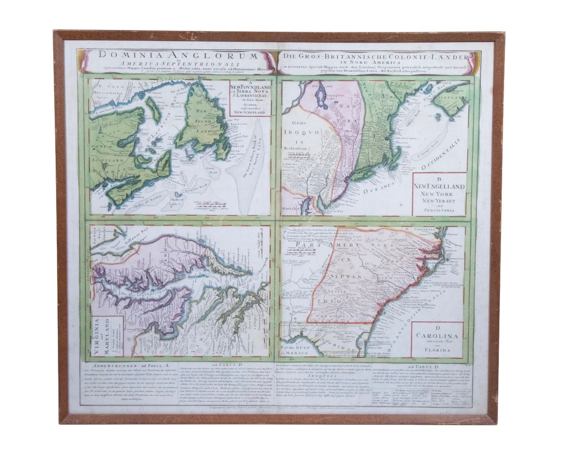 RARE MAP OF THE AMERICAN COLONIES PUB. BY HOMANN HEIRS, 1745: Dominia Anglorum in America Septentrionali Specialibus Mappis Londini primum a Mollio… (4 maps -- New England (NY/NJ/PA); Chesapeake, Virginia & Maryland, Carolina & Florida; and Nova Scotia), p