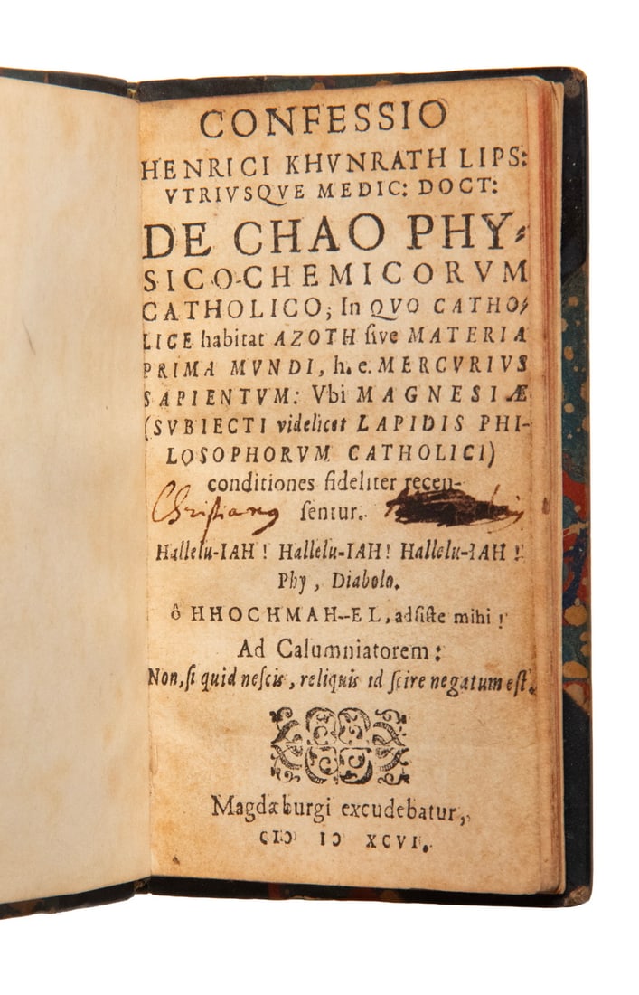 X-RARE BOOK ON ALCHEMY, 1596 , HEINRICH KHUNRATH: Confessio Henrici Khunrath Lipsutrivsque Medic. Doc. de Chao Physico-chemicorum Catholico in quo Catholice Habitat Azoth sive materia Prima Mundi H.E. Mercuriussapientum ubi Magnesiae Subjectividelice