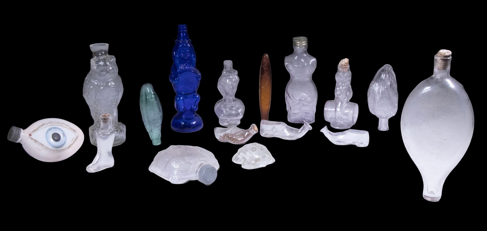 yes (16) VINTAGE FIGURAL GLASS FLASKS (1 of 1)