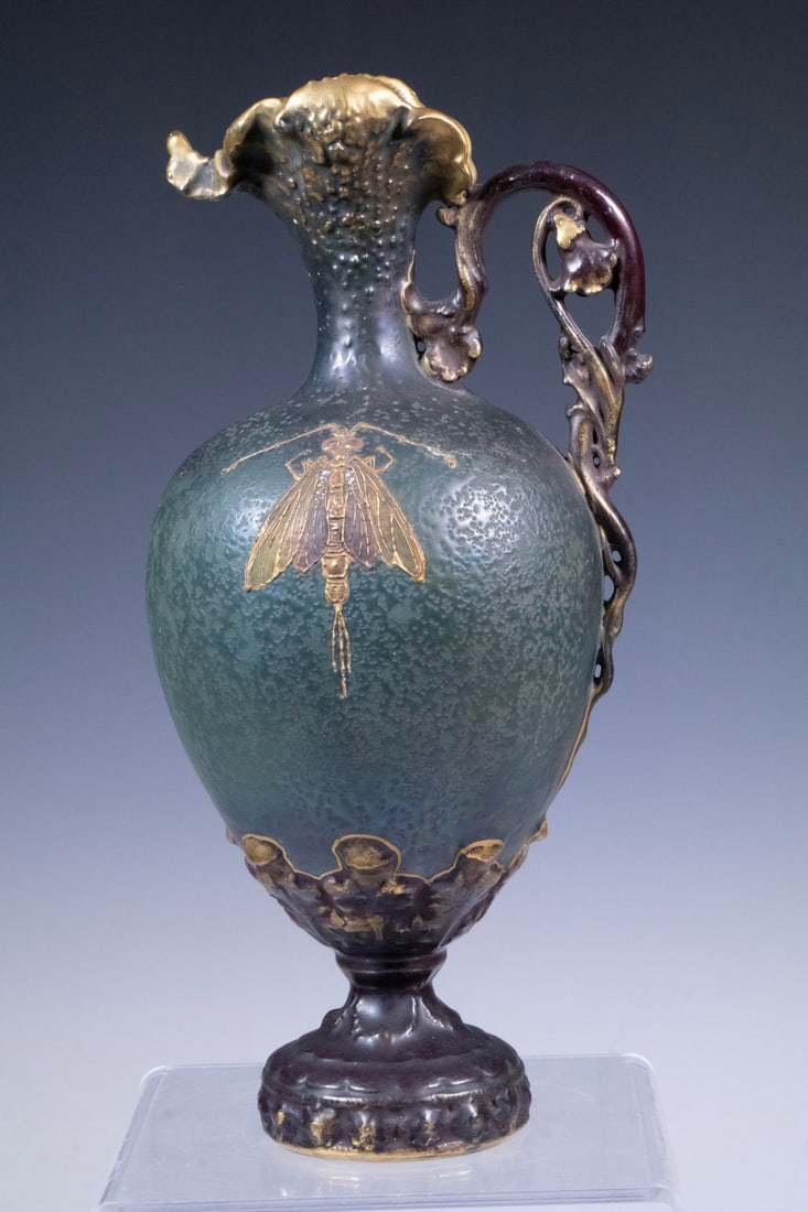 AUSTRIA AMPHORA ART NOUVEAU EWER WITH GILT INSECT DECORATION, CIRCA 1900 (1 of 3)