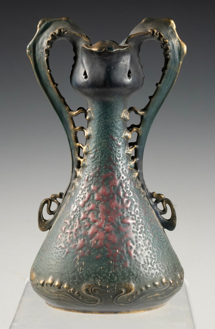 AUSTRIA AMPHORA ART NOUVEAU JEWELED DOUBLE-HANDLED BUTTERFLY VASE (1 of 2)