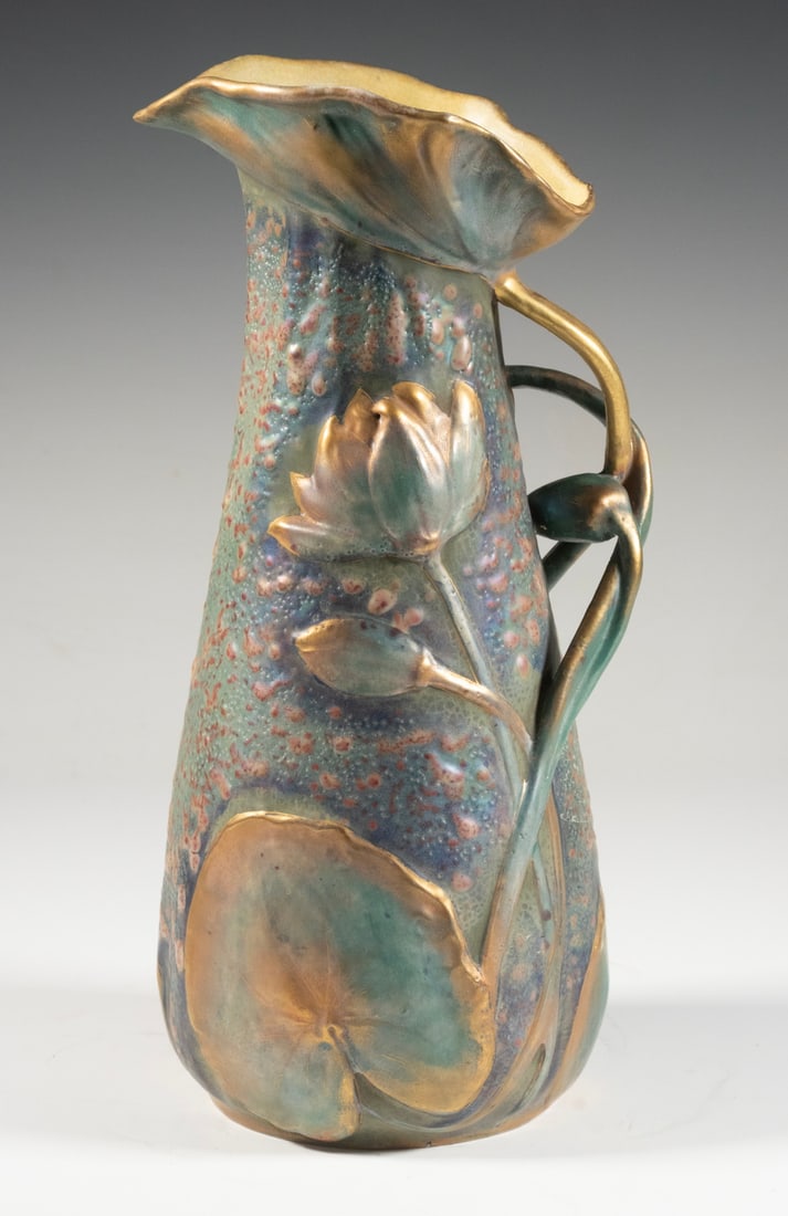 AUSTRIA AMPHORA ART NOUVEAU POTTERY PITCHER WITH LOTUS MOTIF (1 of 3)
