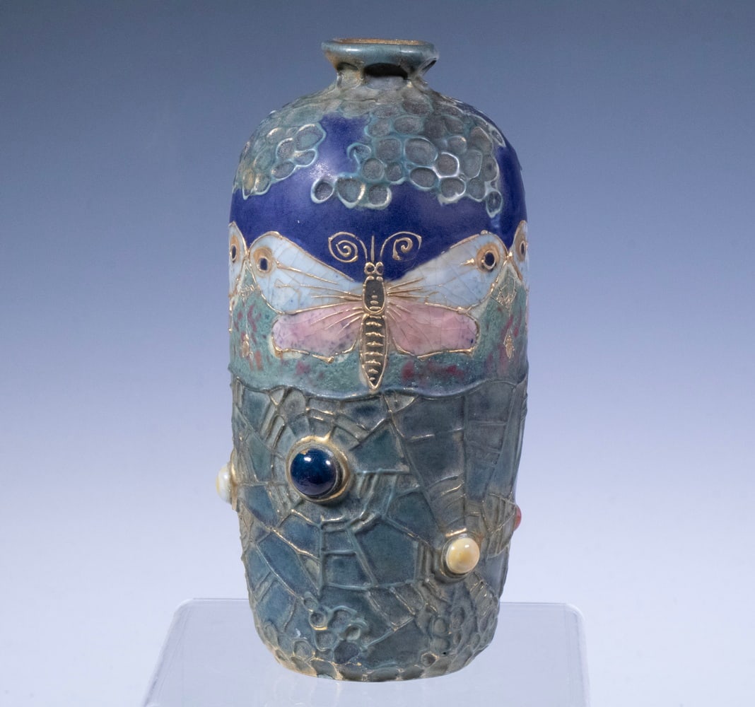AUSTRIA AMPHORA ART NOUVEAU JEWELED BUTTERFLY VASE (1 of 2)