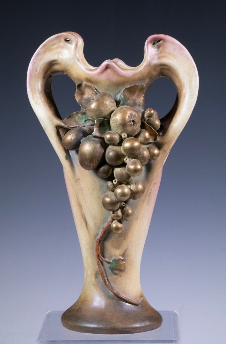 ART NOUVEAU TWO-HANDLED VASE WITH FRUIT RELIEF, ATTRIBUTED TO AMPHORA (1 of 3)