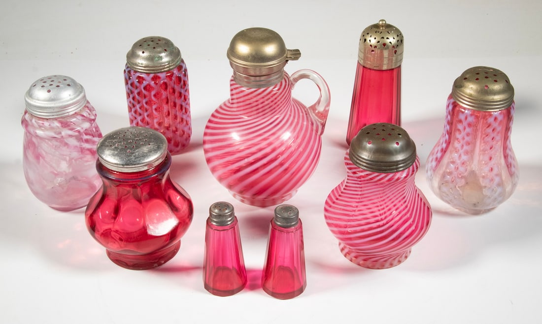(8 PCS) VICTORIAN CRANBERRY & OPALESCENT GLASS (1 of 1)