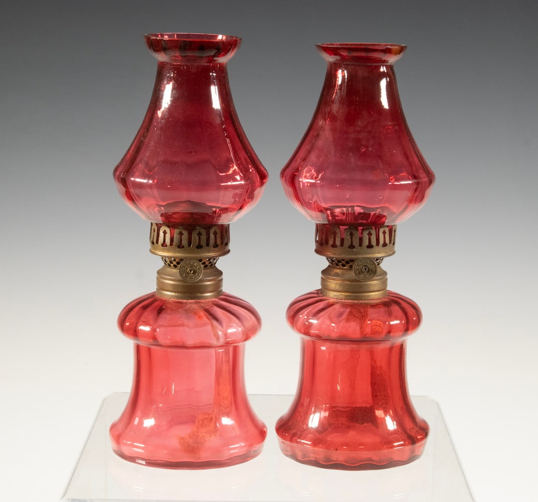 PR MINIATURE CRANBERRY GLASS OIL LAMPS WITH P&A ?HORNET? BURNERS, C. 1890?1910 (1 of 2)