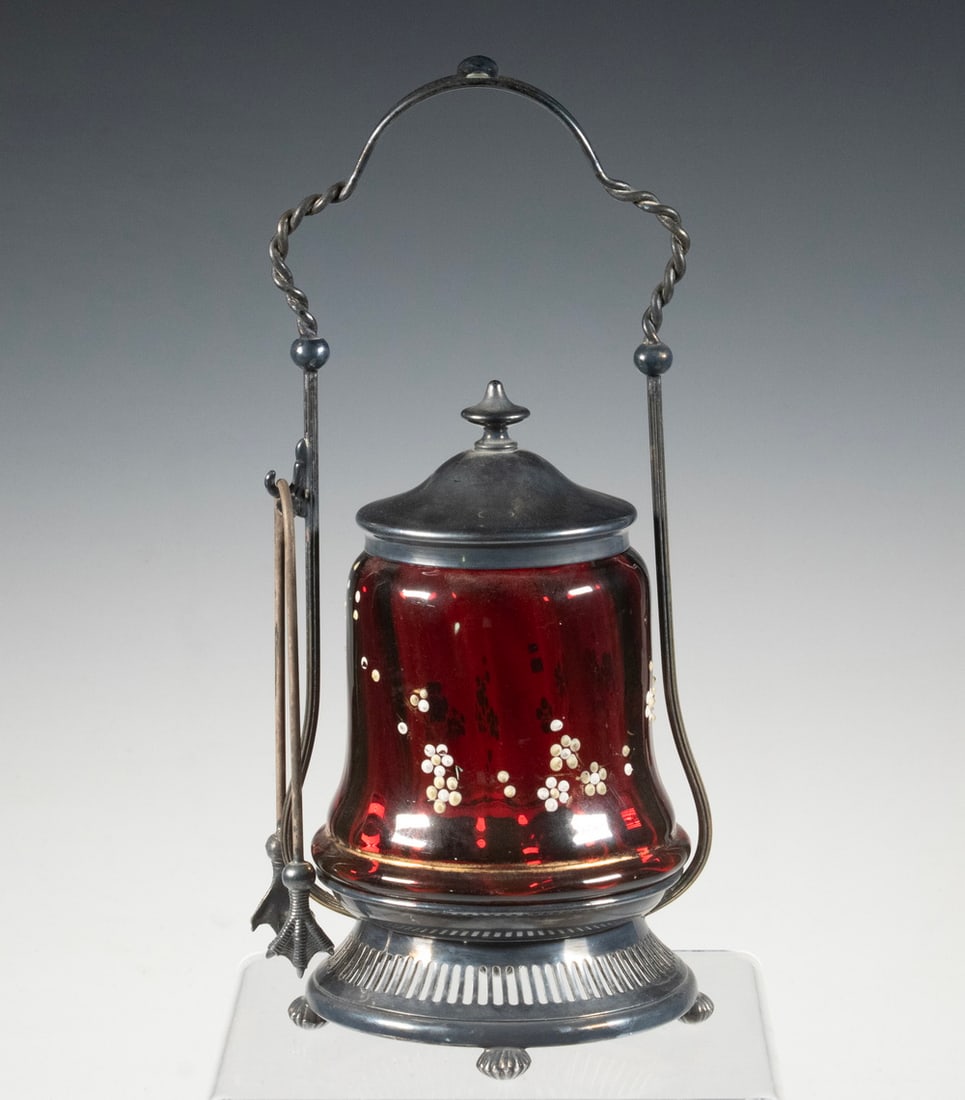 PAIRPOINT QUADRUPLE PLATE PICKLE CASTOR WITH ENAMELED RUBY GLASS INSERT, C. 1890?1910 (1 of 1)