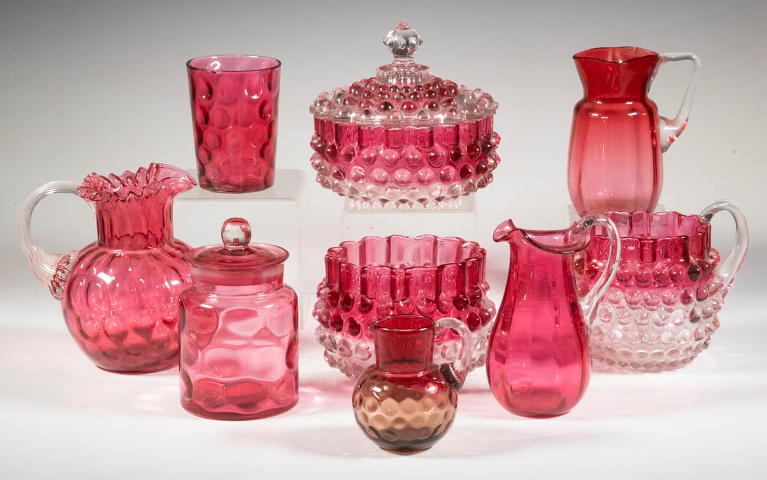 (9) ASSORTED CRANBERRY & HOBNAIL GLASS VESSELS (1 of 1)
