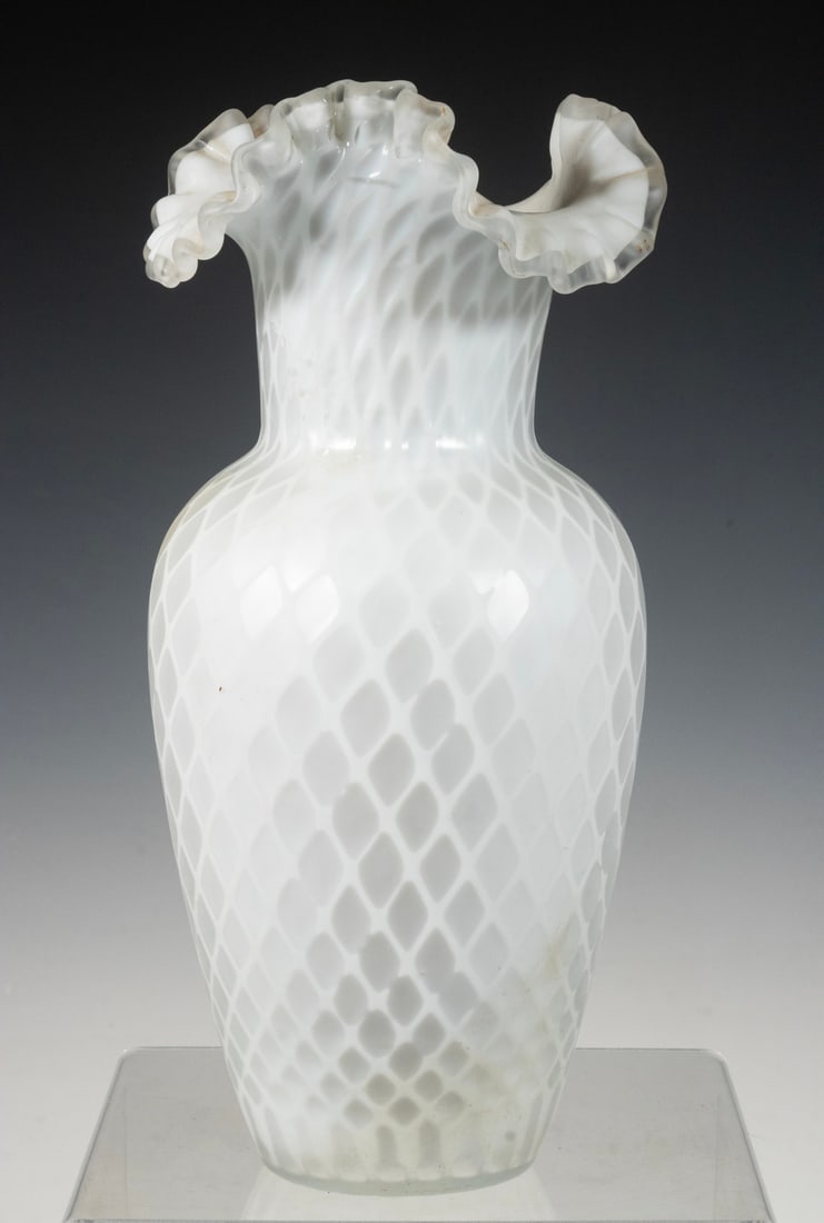 VICTORIAN SATIN GLASS VASE WITH DIAMOND QUILT PATTERN, C. 1880?1900: VICTORIAN SATIN GLASS VASE WITH DIAMOND QUILT PATTERN, C. 1880?1900White satin glass vase with molded diamond quilt pattern and ruffled rim. Blown and mold-pressed construction.From the estate of Rich
