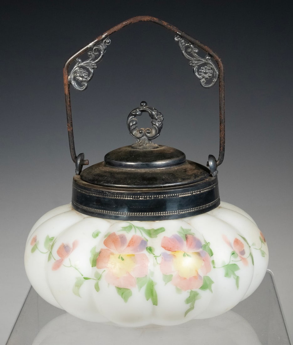 VICTORIAN OPAQUE WHITE MILK GLASS BISCUIT JAR WITH HAND-PAINTED PANSIES (1 of 1)