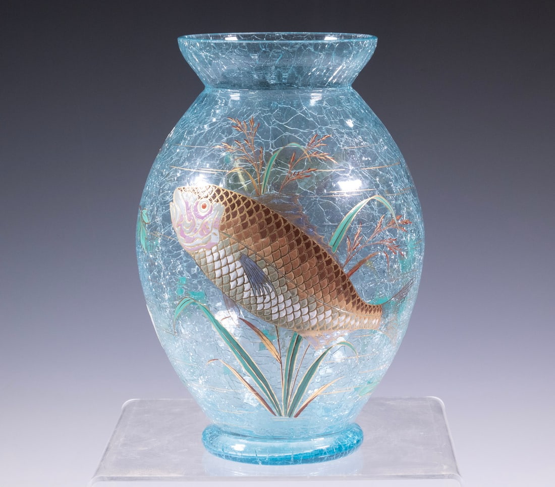 CRACKLE GLASS VASE WITH ENAMELED KOI AND FLORAL DECORATION (1 of 2)