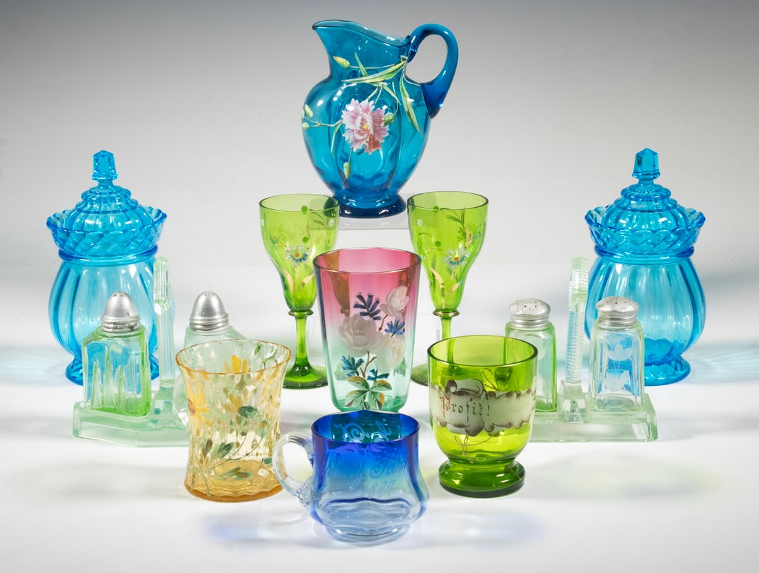 (11 PCS) ASSORTED GLASSWARE: (11 PCS) ASSORTED GLASSWAREAntique & Vintage Art Glass Collection, incl: Enamel decorated blue glass pitcher, with floral design, 5 1/2" high; Pair of enamel decorated green wine glasses, 5 1/4" high;