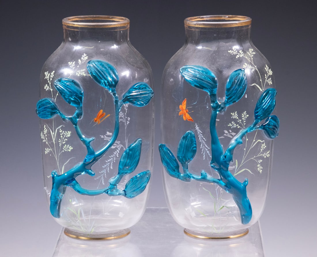 PR APPLIED RELIEF BLUE GLASS FLORAL VASES WITH ENAMELED DETAIL (1 of 1)