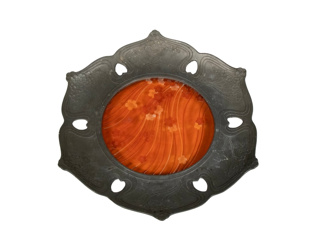 ART NOUVEAU PEWTER FRAME WITH PLUM BLOSSOM GLASS PANEL (1 of 1)