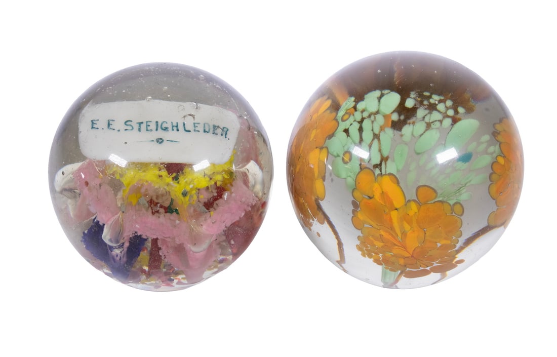 (2) ENGLISH HAND-BLOWN GLASS PAPERWEIGHTS WITH FLORAL DESIGNS (1 of 1)