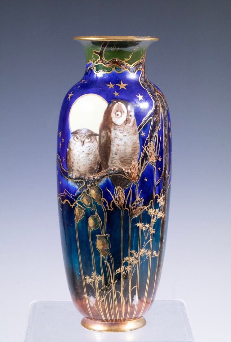 ENGLAND HAND-PAINTED DOULTON BURSLEM VASE WITH OWLS BY A. ELSIN (1 of 4)