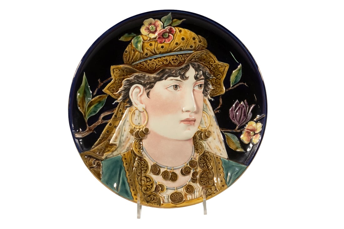 AUSTRIAN MAJOLICA RELIEF PORTRAIT WALL PLATE BY RUDOLF DITMAR ZNAIM, C. 1880 (1 of 2)