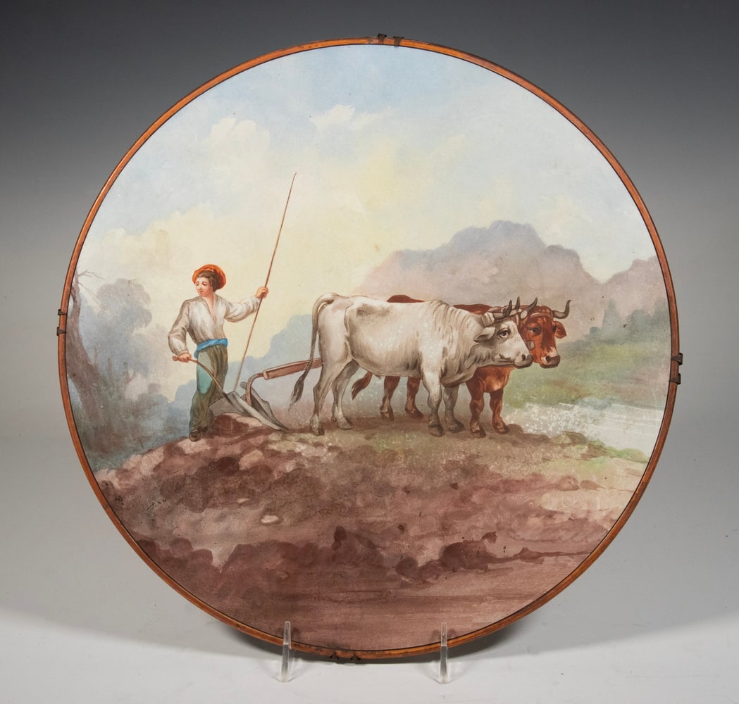 HAND-PAINTED PORCELAIN WALL PLAQUE WITH RUSTIC FARMING SCENE (1 of 2)