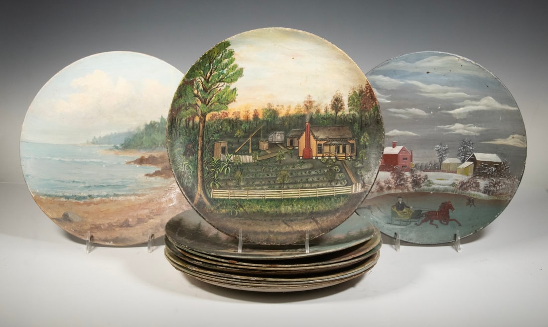 (11) HAND-PAINTED DECORATIVE ROUND PANELS, CA. 1880?1910 (1 of 4)