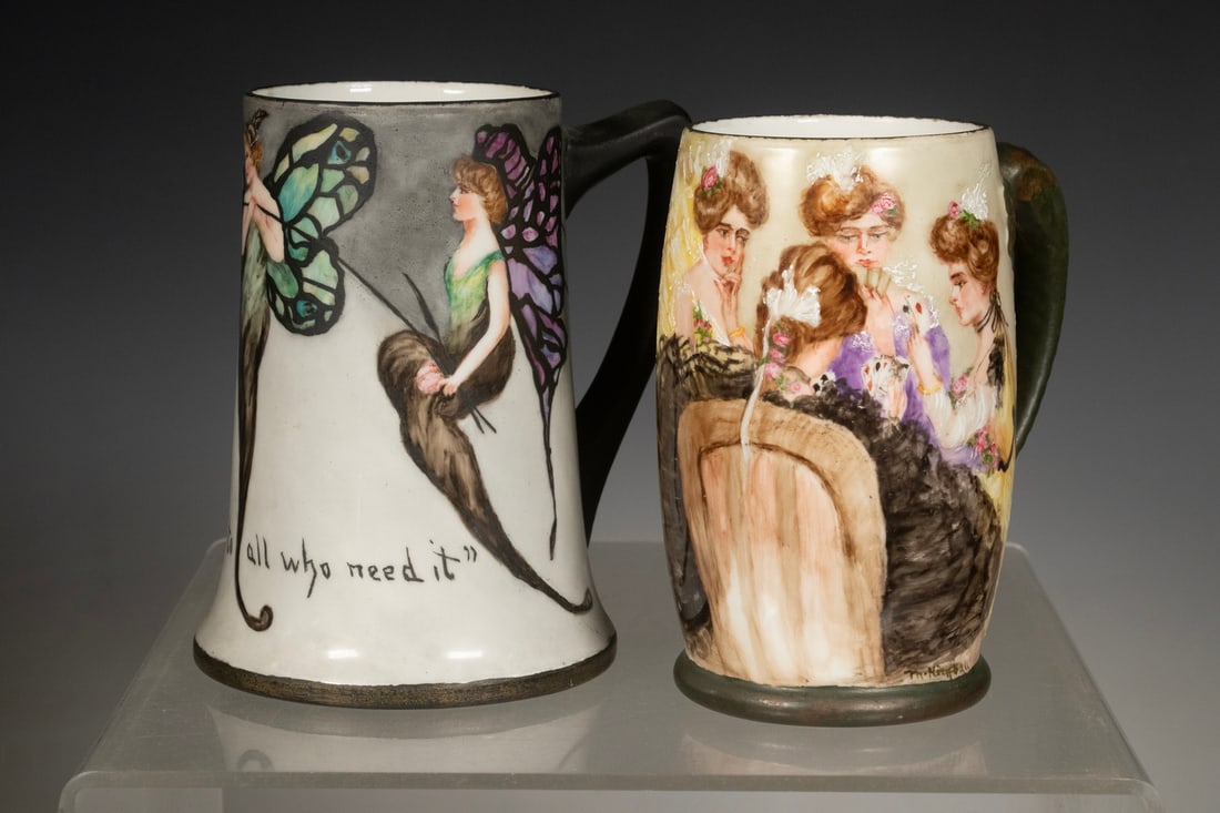 (2) HAND-PAINTED LIMOGES ART NOUVEAU TANKARDS, C. 1900 (1 of 3)