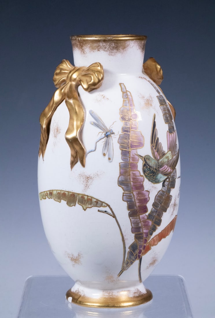 VIENNA STYLE PORCELAIN VASE WITH GILT RIBBON HANDLES, DATED 1889 (1 of 3)