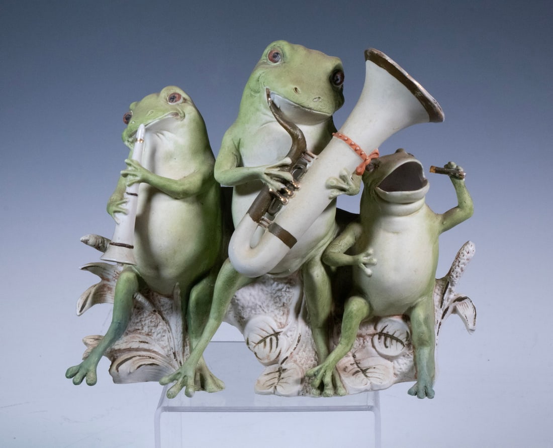 WHIMSICAL BISQUE CERAMIC CONTAINER WITH ANTHROPOMORPHIC FROG BAND (1 of 3)