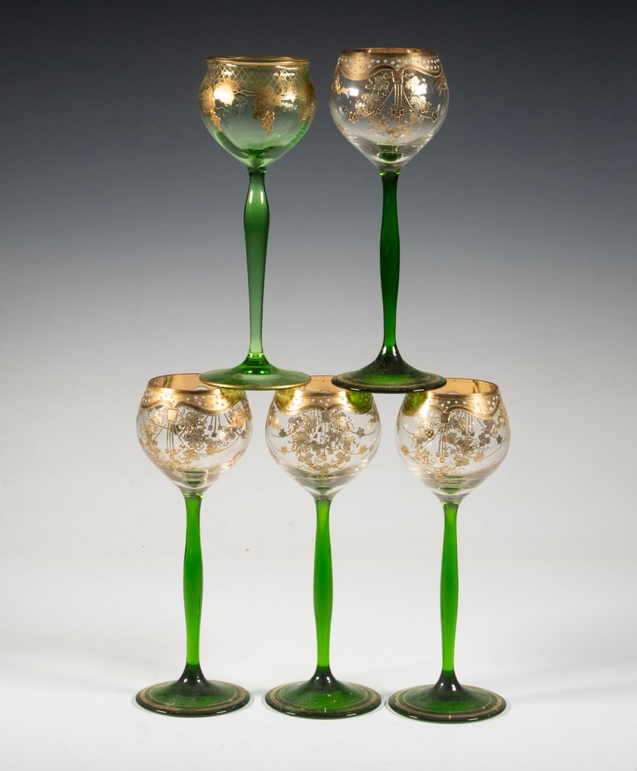 (5) BOHEMIAN ENAMELED GREEN GLASS WINE GOBLETS WITH GILT DECORATION (1 of 2)