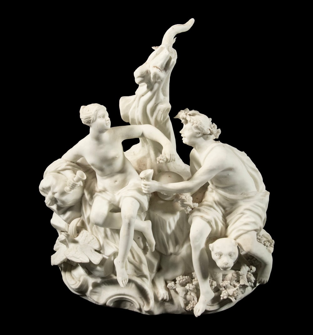 CONTINENTAL BISCUIT PORCELAIN FIGURAL GROUP OF BACCHANTES (1 of 2)