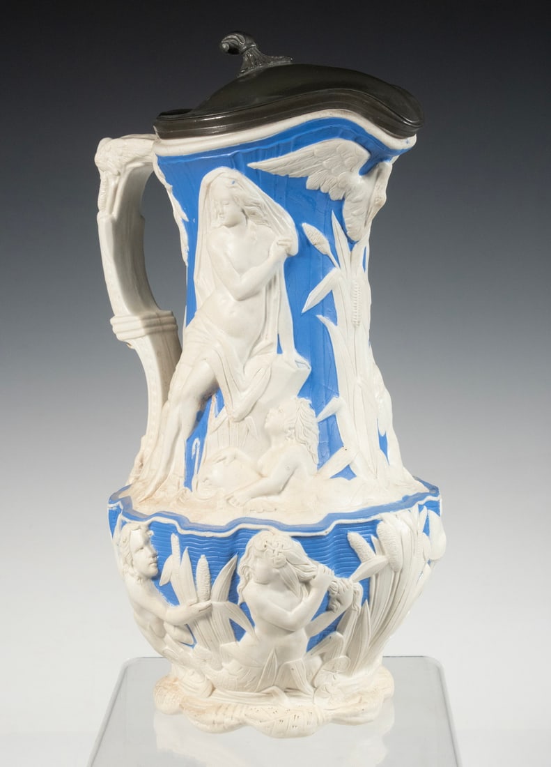 VICTORIAN RELIEF-DECORATED STONEWARE JUG WITH PEWTER LID, T. BOOTH HANLEY (1 of 3)