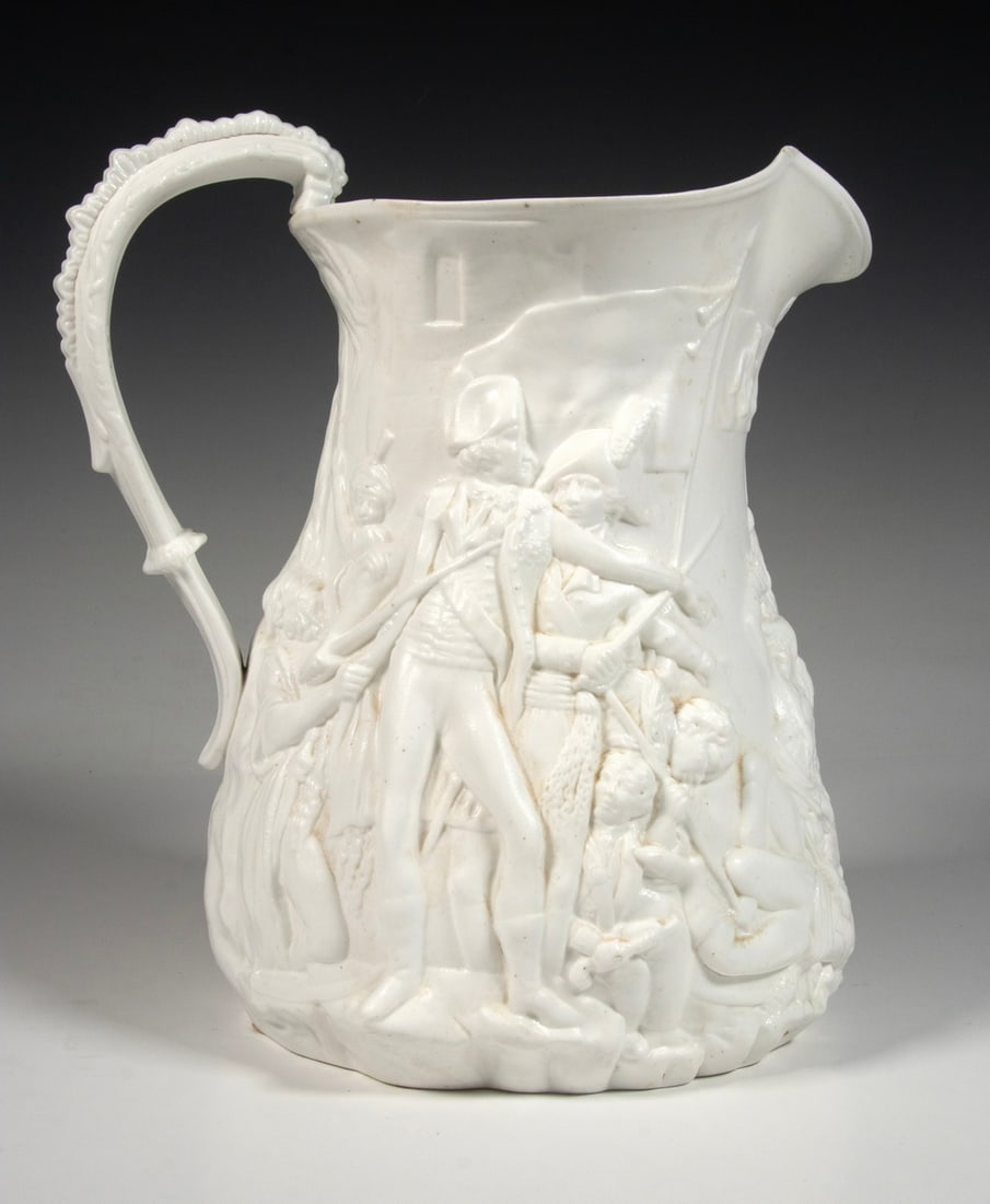 SAMUEL ALCOCK RELIEF MOLDED "SIEGE OF ACRE" JUG: SAMUEL ALCOCK RELIEF MOLDED "SIEGE OF ACRE" JUGMid-19th c. Parian Ware Jug, by Samuel Alcock & Co., depicting Napoleon's unsuccessful siege of the Ottoman-ruled city of Acre in 1799 assisted by Royal