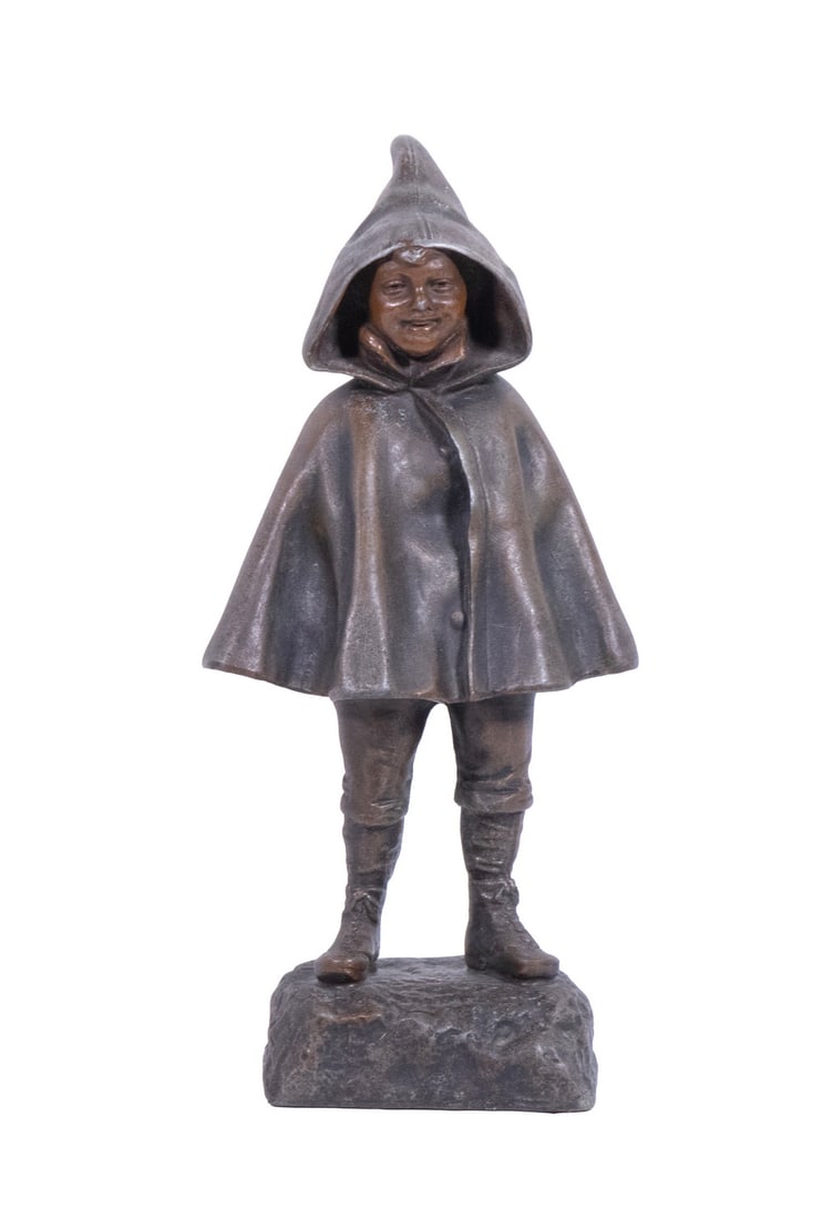 AFTER ELISA BEETZ CHARPENTIER (FRANCE, 1859-1949): AFTER ELISA BEETZ CHARPENTIER (FRANCE, 1859-1949)Girl with Hood, patinated spelter figure, after Charpentier's famous bronze work, with affixed "Made in France" medallion affixed to back surface.From