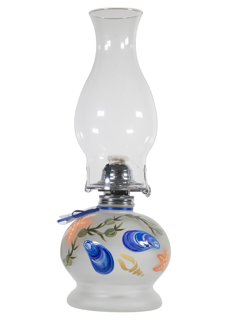 HAND-PAINTED GLASS OIL LAMP BY WILD LUPINE FARM STUDIO, MAINE (1 of 2)