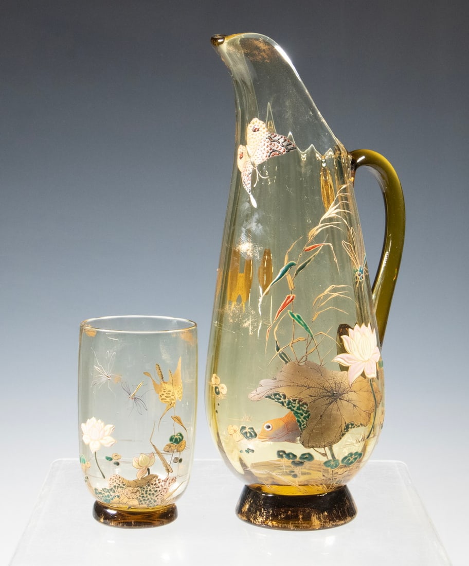 BLOWN & ENAMEL DECORATED AMBER GLASS PITCHER & TUMBLER (1 of 1)