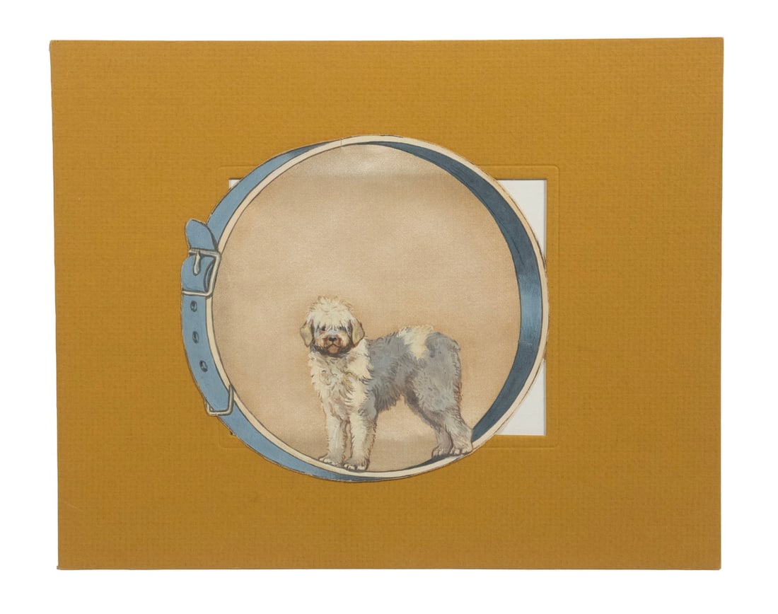 DOG PORTRAIT WITH COLLAR MOTIF, GOUACHE ON SILK IN MOUNT (1 of 2)