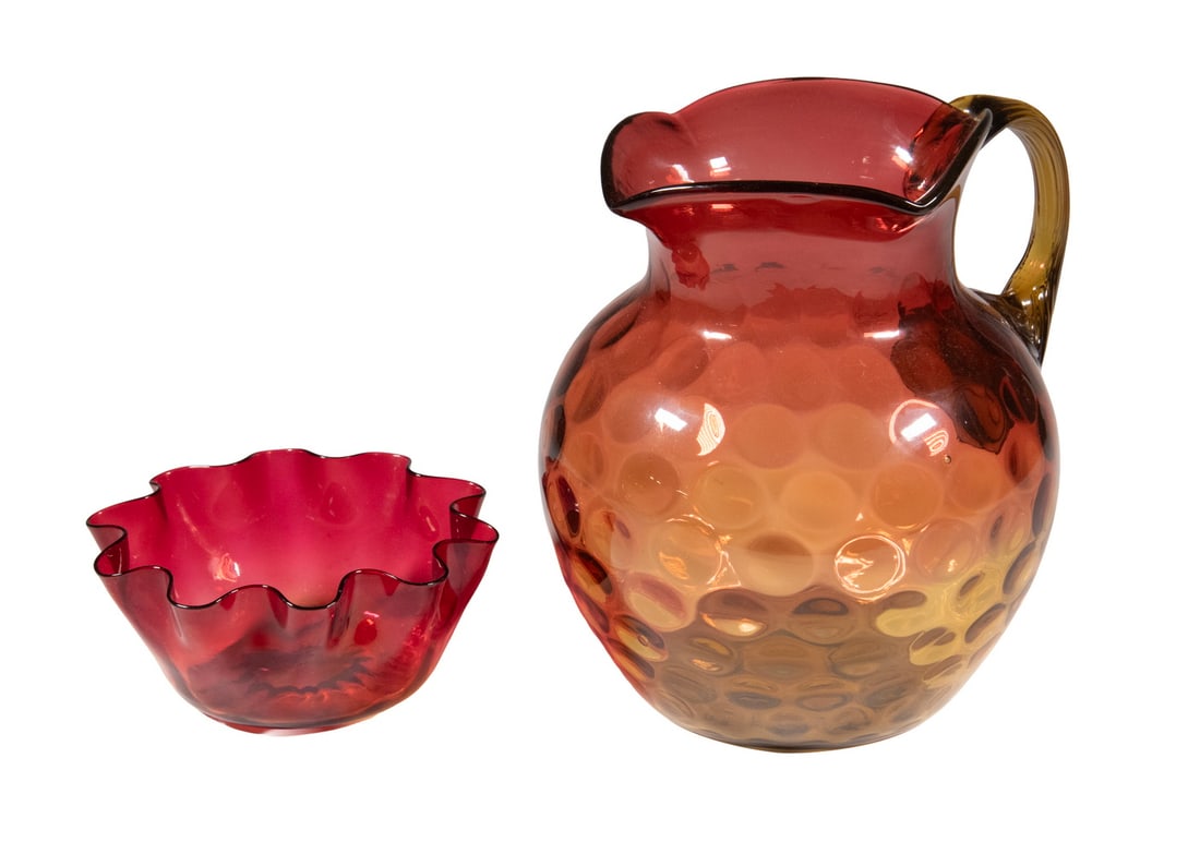 AMBERINA GLASS PITCHER AND FINGER BOWL: AMBERINA GLASS PITCHER AND FINGER BOWL(2) Pieces of Antique American Art Glass, both with polished pontil base, incl: Finger bowl with ruffled rim, 2 1/4" high, 5 1/4" diam.; and Coinspot square top p