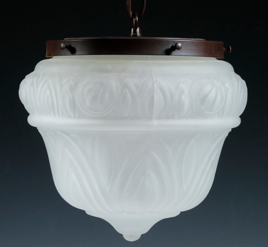 CONTEMPORARY HANGING GLASS DOME, ELECTRIFIED: CONTEMPORARY HANGING GLASS DOME, ELECTRIFIED Replica heavy molded and frosted glass dome form hanging lamp. 9" x 10" diam. Good condition.