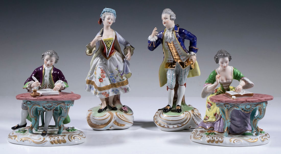 (2 PRS) VINTAGE CONTINENTAL PORCELAIN FIGURINES: (2 PRS) VINTAGE CONTINENTAL PORCELAIN FIGURINES Including: Pair of Dresden standing figures by Porzellanfabrik Sandizell, Hoffner & Co., ca. 1960s, depicting a man and women in 18th c. attire, bases