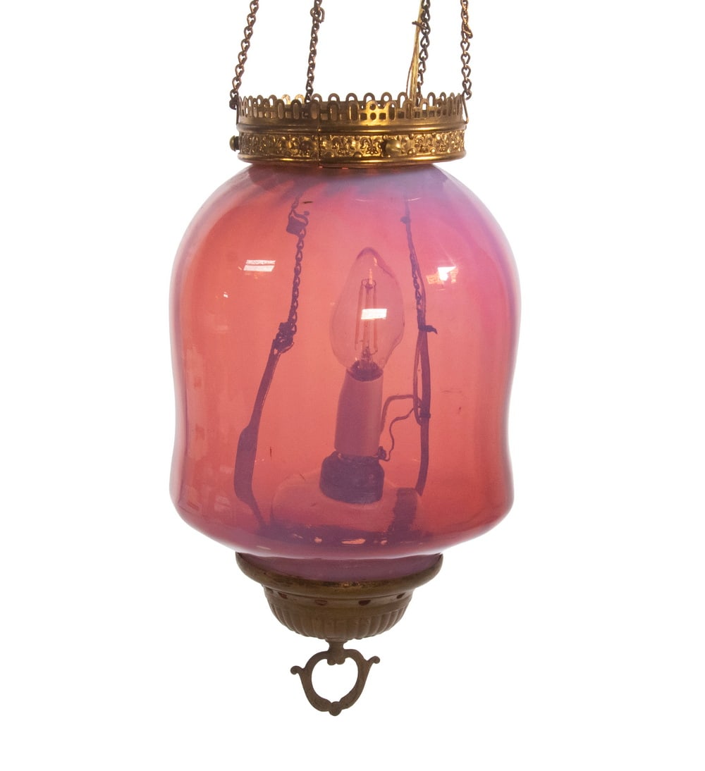 CIRCA 1900 OPALESCENT CRANBERRY GLASS PENDANT LAMP (1 of 1)
